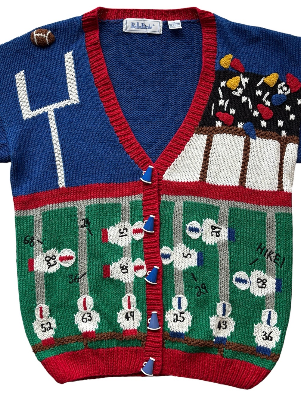 Football Sweater XL Belle Pointe Novelty Cardigan Megaphone Buttons Vintage 90s